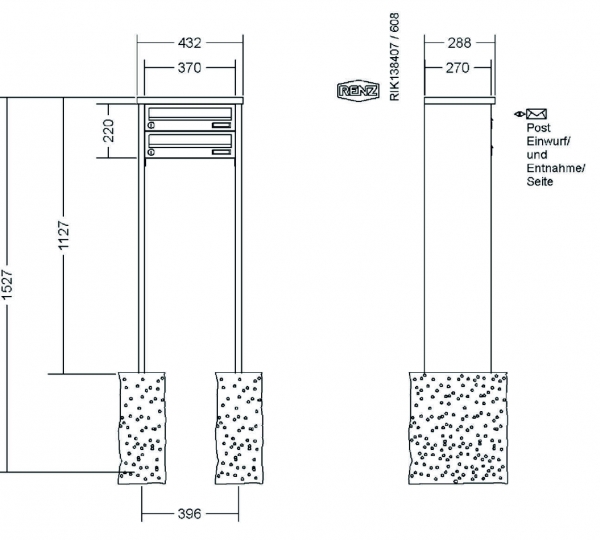 RENZ Briefkastenanlage freistehend, Tetro, Edelstahl V4A, Kastenformat 370x110x270mm, 2-teilig